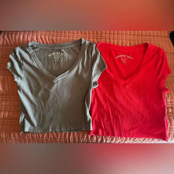 Aeropostale Seriously Soft V-Neck Crop Tops - Red and Green - Picture 1 of 3